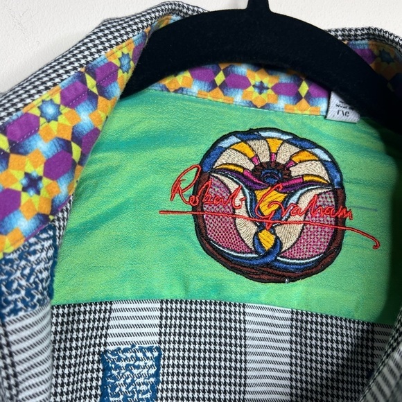 Robert Graham Houndstooth Stripe Embroidered Dress Shirt Large - Picture 3 of 15